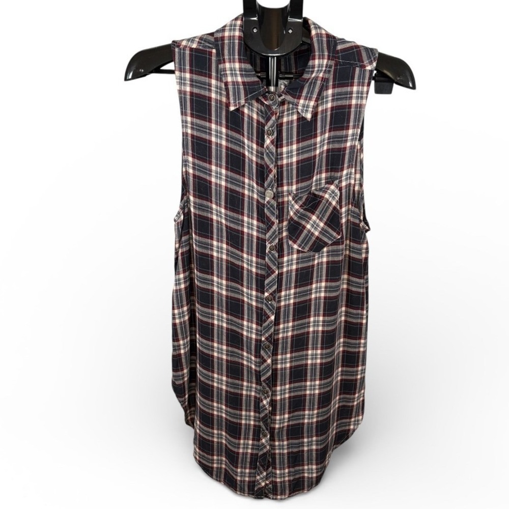 Gilded Intent Navy Red Plaid Sleeveless Button Front Top GIDN2692 Small NWT